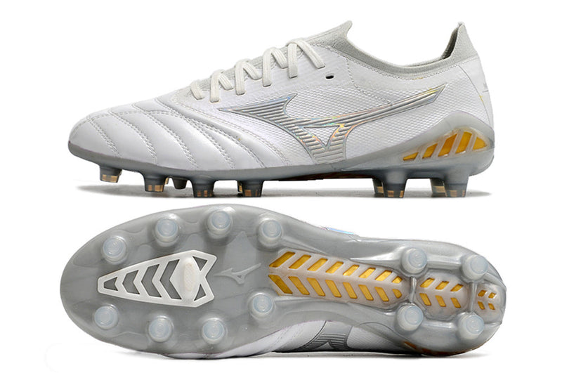 Chuteira Campo Mizuno Morelia Neo 3 FG Branca e Prata "Beta Shining"