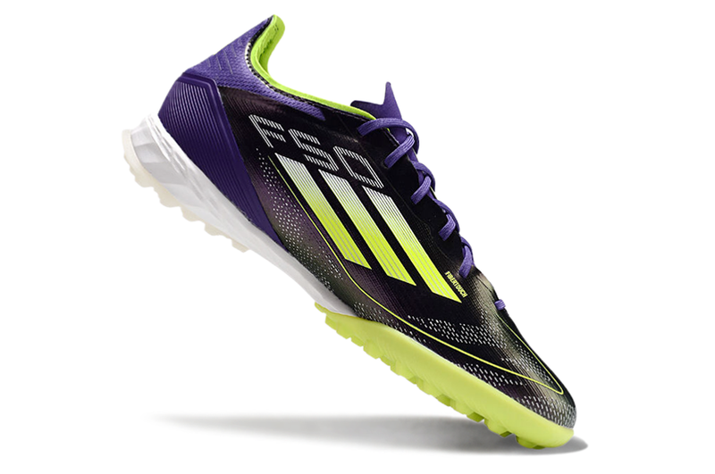 Chuteira Society Adidas F50 TF Roxa e Verde "Fast Reborn Pack"