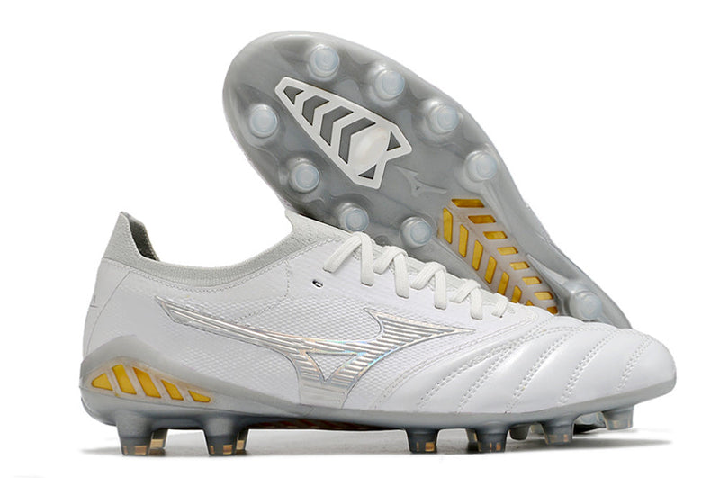 Chuteira Campo Mizuno Morelia Neo 3 FG Branca e Prata "Beta Shining"