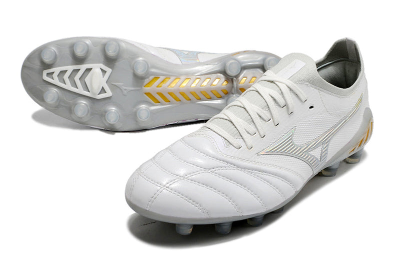 Chuteira Campo Mizuno Morelia Neo 3 FG Branca e Prata "Beta Shining"